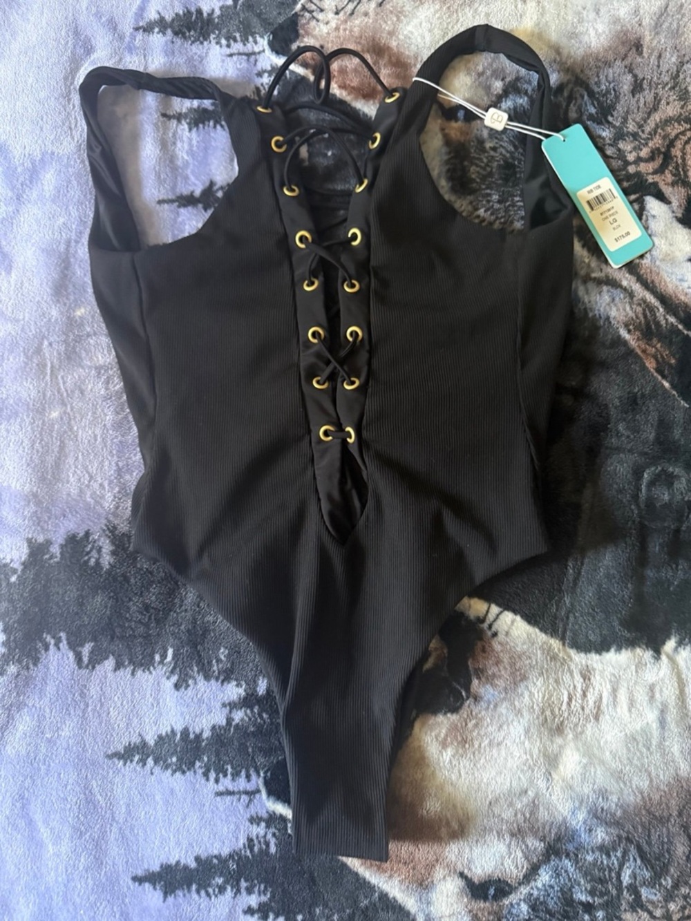 Beach Bunny Black Lace-Up Ribbed One-Piece Bodysuit NWT sz L